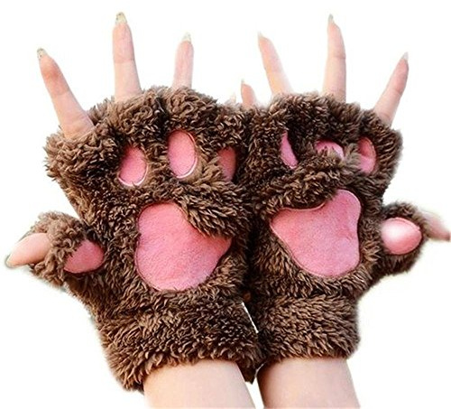 MAKFORT 1 Pair Ladies Girls Womens Cat Paw Gloves Winter Gloves Fingerless Paw Mittens Warm Plush Half-Finger Winter Gloves
