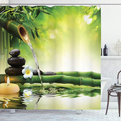 ABAKUHAUS Spa Duschvorhang, Meditation Steine Bambus, Stoffliches Gewebe Badezimmerdekorationsset mit Haken, 175 x 240 cm, Lindgrün