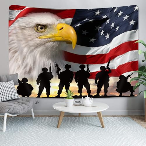 Wandteppich mit USA-Flagge, amerikanische Militär-Soldaten mit Adler bei Sonnenuntergang