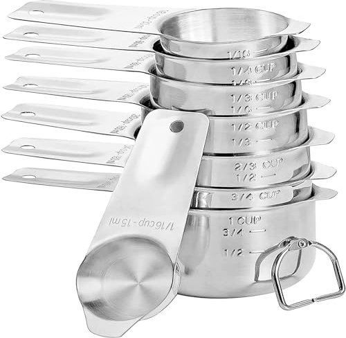 Edelstahl-Messbecher-Set 8-teilig, inklusive 1/16 Tasse, 1/8 Tasse, 1/4 Tasse, 1/3 Tasse, 1/2 Tasse, 2/3 Tasse, 3/4 Tasse und 1 Tasse.