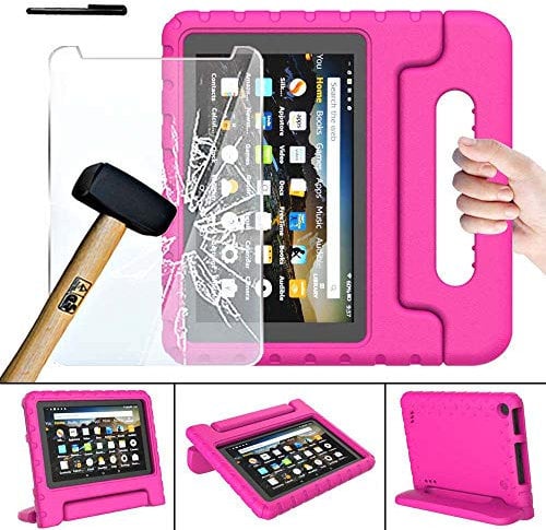 FINDING CASE for Amazon Fire 7 with Alexa Tablet Kids Case(9th & 7th & 5th Gen,2019 & 2017 & 2015 Release) With Tempered Glass Screen Protector Cover - ShockProof Handle Foam Stand Cover pink
