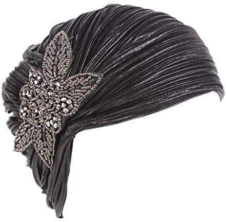 MoreChioce Damen Indische Turban,1920s Vintage Kopftuch mit Kristall Retro Turban Hut Glitzer Headwrap Elastische Kopfbedeckung Kopf Wraps,Schwarz