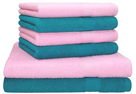 Betz Palermo 6er Set Handtuch 2 Stück Duschtücher 70x140 cm 4 Stück Handtücher 50x100 cm Liegetuch Saunatuch - Petrol - Rose