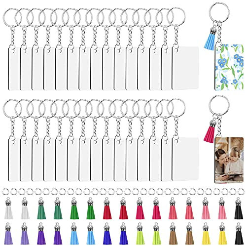 Lot de 120 porte-clés vierges en acrylique avec pampilles, kit de porte-clés à sublimation comprenant 30 disques transparents en acrylique, 30 porte-clés, 30 anneaux de jonction, 30 pompons