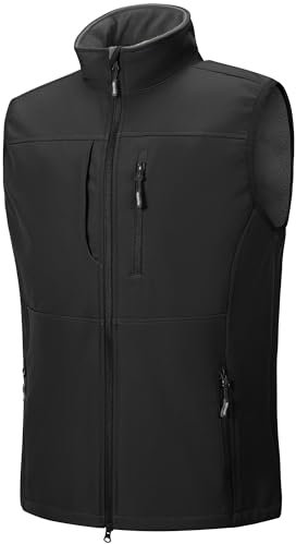Outdoor Ventures Men's Softshell Gilets Windproof Lightweight Vest Outerwear with 7 Pockets, Warm Fleece-Lined Sleeveless Jacket for for Golf Running Hiking Black XL