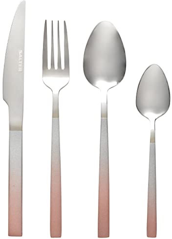 Salter BW10075CTK 16-Piece Stainless Steel Cutlery Set - Full Set Ombre Collection Flatware Service for 4 People, Mirror Finish, Modern Design, with Knife, Fork, Spoon, Teaspoon, Silver/Champagne