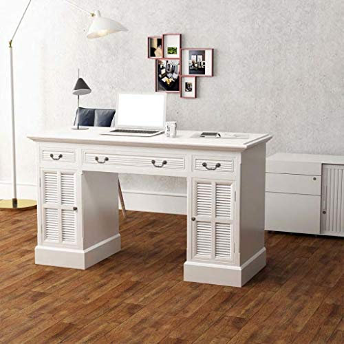 Schreibtisch Sekretär, Computertisch, Bürotisch mit 3 Schubladen & 2 Schrankfächern, Wohnzimmer, Schlafzimmer, Arbeitszimmer, Homeoffice, einfacher Aufbau, Massivholz, Vintage, Weiß 140 x 48 x 80 cm