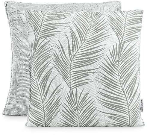 AmeliaHome 2 Kissenbezüge zweiseitig ultrasonic Steppung 45x45 cm Pflanzenmuster Grau Weiß Tropical Bonaire