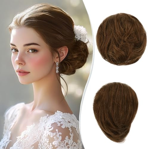RUWISS Haarteil Lang Dünn Glattes Tousled Updo Bun Rea Echthaar Elegante Haarteile Haargummi Lang Scrunchie Verlängerungfür Damen,25g,Intensives Goldblond