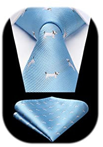 HISDERN Herren Krawatte Blau Hundemuster Hochzeit Krawatte für Herren Klassische Business-Krawatte und Einstecktuch Set