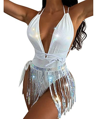 Rave Outfit Damen Body Holografische Stringbody Pailletten Quasten Fransenrock Rückenfrei Bodysuit Badeanzüge für Festival Disco Tanz Clubwear Halloween Motto Party Karneval Fasching Kostüm 1Weiß M