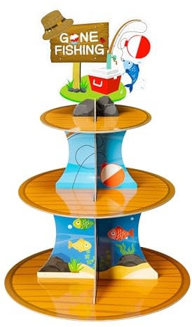 ANGOLIO 3 Tiers Go Fishing Cupcake Stand Fishing Birthday Party Cardboard Cupcake Holder Decorations Fishing Gear Dessert Tower Party Supplies for Kids Boys Blue Themed Baby Shower