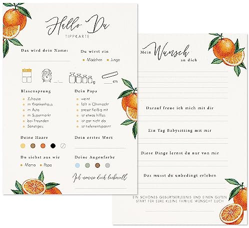 Babyparty Tippkarten – Ratespiel für die Babyparty während der Schwangerschaft mit lustigen fragen zum ausfüllen – Für Mädchen und Jungen geeignet (Citrus, 20)