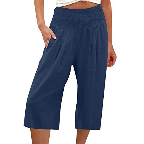 Leinenhose Damen Sommer 3/4 - Sommerhose Damen Leicht Dreiviertel Hose Caprihose Luftige Freizeithose High Waist mit Gummizug Stoffhose Baumwolle Leinen Kurze Capri Hosen für Frauen