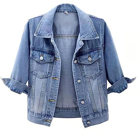 Spring Summer Half Sleeve Women Collared Distressed Coat Ladies Cropped Denim Jacket Ripped Jean Jacket Sky Blue M