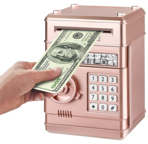 Revanom Electronic Piggy Bank, Mini ATM Password Money Bank Cash Coins Saving Box for Kids, Cartoon Safe Bank Box Perfect Toy Gifts for Boys Girls (Rose Gold)