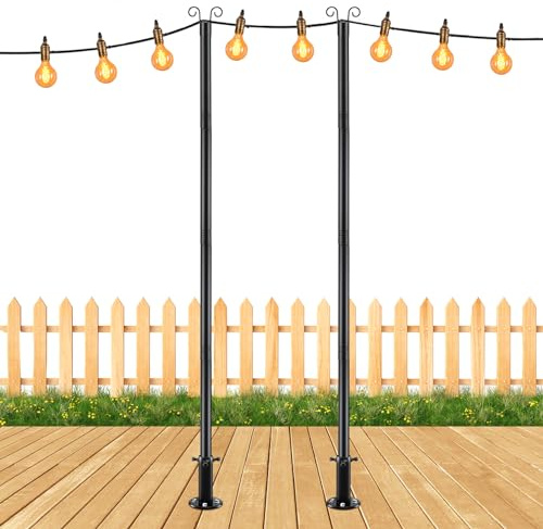 COCONUT Lichterkettenstangen für Boden, 2,4 m, robuste, verstellbare Metallstangen zum Aufhängen mit Flanschsockel, Hinterhof, Garten, Terrasse, für Party (2 Stück)