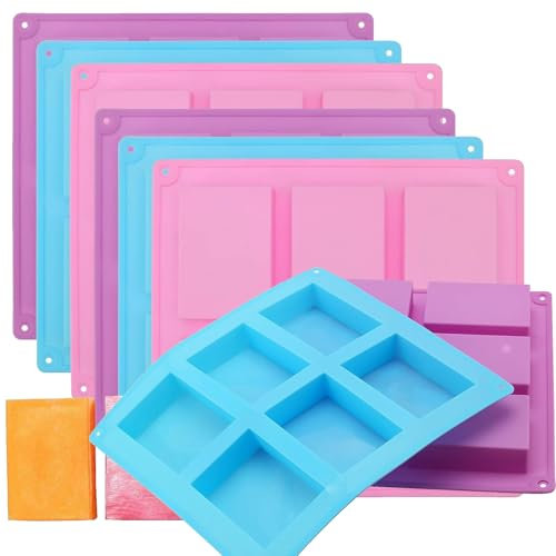 ZOENHOU Set of 6 Soap Moulds Silicone, 6 Cavity Rectangle Silicone Mould, Soap Moulds for Soap Making Loaf DIY Handmade Craft, Blue Pink Purple
