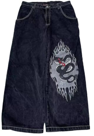 ORANDESIGNE Jeans Y2K Homme Taille Basse Printed Pants Pantalon Unisexe Pantalon Cargo Décontracté Imprimé Hippie Streetwear J Noir M
