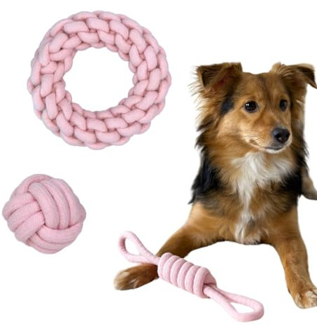 DOYS Premium Hundespielzeug 3er Set für kleine mittlere große Hunde Welpenspielzeug robust aus 100% natürlichen Materialien zum Spielen, trainieren und Zahnpflege (Rosa, Klein - Mittel)