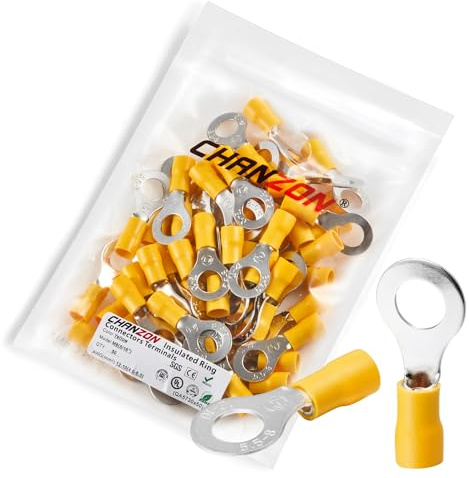 Chanzon Yellow Ring Terminals - M8 5/16 inch - UL Listed Insulated PVC Eyelet Wire Connector 12-10AWG Gauge Electrical Crimp Connector for Boat Truck Stereo Car(50pcs)