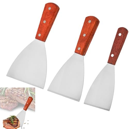 Griddle Scraper, Grill Scrapers, Griddle Spatula, 3 Pcs Stainless Steel Spatula, with Comfortable Wooden Handles, for Food Service, Cooking, BBQ Indoor & Outdoor, for Grilling Teppanyaki Meat