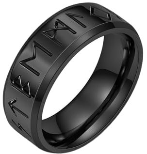 Whoiy Schwarz Ringe Männer Wikinger 8MM, Versprechensring Hip Hop Edelstahl Verlobungsring Ehering für Ihn mit Gravur Größe 54 (17.2)