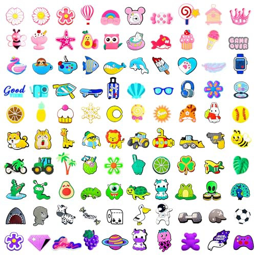Vifcotlyp 100PCS Cute Shoe Charms, Different Shoes Charm Kawaii Cartoon Shoe Charms Non-repeat Shoe Charms Random Charms for Kids Girls Adults Shoes Wristband Clogs Slides Party Gifts (100)