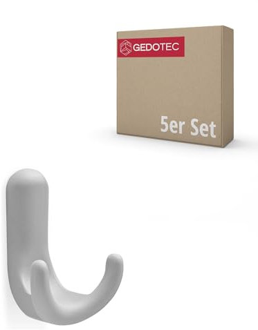 Gedotec Garderobenhaken Kunststoff | GA94 | Doppelhaken 5 Stück inkl. Befestigungsmaterial | Weiß Matt | Haken unsichtbare Montage | für Garderobe und Wand-Montage | Kleiderhaken Wand modern