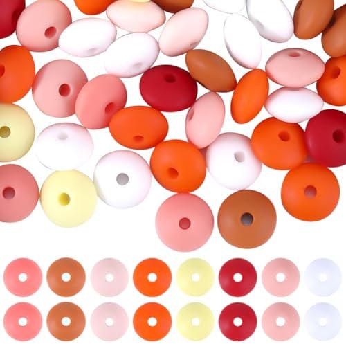 SUNNYCLUE 1 Box 96Pcs 12 Colors Abacus Shape Beads Orange Lentil Silicone Bead Bulk Soft Rubber Round Saucer Loose Spacer Lanyard Pens Charms Focal Bead for Bracelet jewellery Making DIY Necklace Craf