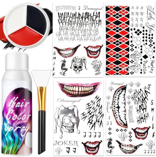 4 Blatt Gruselig Joker Tattoos, Clown Temporäre Tattoos, Grünes Haarfarbenspray, Clown Makeup Weiß Schwarz Rot Gesichtsfarbe, Makeup Kit Halloween schminke set, Sicher und leicht zu reinigen