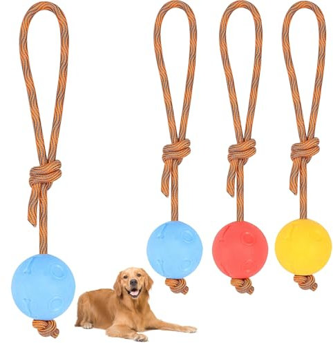 4 Stück Ball mit Schnur Hund, ø 5/30 cm Wurfball am Seil Naturkautschuk, Hundespielzeug Ball mit Seil extrem Weite Würfe, Hundeball Snackball, Hundebälle Kleine Hunde, Große Hunde (Rot Gelb Blau)