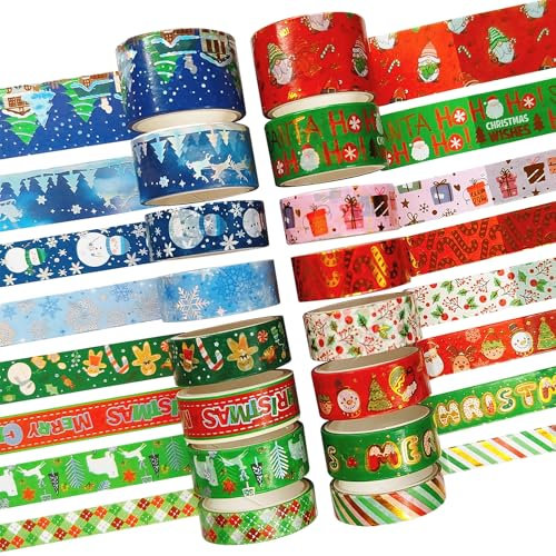 Fyfjur 16 Rollen Washi Tape Weihnachten, Weihnachten Washi Tape Set Selbstklebendes, Klebeband Bunt für DIY Weihnachten Handwerk, Scrapbooking, Geschenkverpackung (10MM, 15MM, 20MM, 25MM)