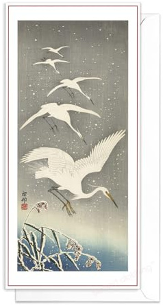 Japanische Ukiyo-e Art große Grußkarten – DL lange hohe Weihnachtskarten mit Umschlägen, eleganter Luxus (Koson: Egrets Descending in Snow)