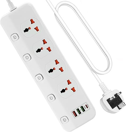 Extension Lead with USB, 4 Way Power Strip, Individual Switches, USB-C | 3 USB-A + 1 USB-C Charging Ports, Surge Protected, 3M/9.84FT Cable for Home Office, Desk and Bedroom, UK Plug