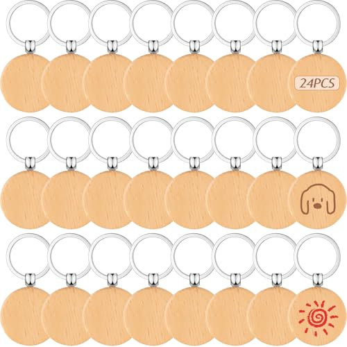 25Pcs Porte-Clés Bois Vierges avec Anneaux Fer,Porte Clés Étiquettes Bois Brut Ronds, Chaîne Clé Graver Naturel Personnalisé pour Bricolage, Artisanat Gravure, Pyrogravure, Cadeau Décoration, Dessin