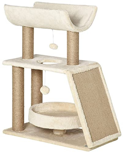 PawHut Rascador para Gatos Árbol para Gatos Altura 76 cm con 4 Postes Rascadores Nido Plataforma en U Almohadilla para Rascar Bolas Colgantes Marrón Claro