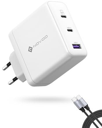 NOVOO Cargador USB C 120W GAN III con 3 Puertos, Cargador Rápido de Pared con 1M Cable Tipo-C PD 100W, para MacBook Pro 14'', DELL XPS 13, iPad Pro, iPhone 16, Galaxy S23, Note 20, Apple Watch