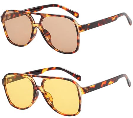 TUONYIS 2 Pièces Lunette de Soleil pour Femmes Hommes,Lunettes de Soleil Rectangulaires Rétro Vision Nocturne,Carrées Vintage à Double Pont Lunettes de Soleil Protection (Léopard jaune, thé léopard)