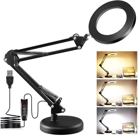 Lupe mit Licht und Ständer 10 Fach Lupenleuchte mit Klemme Leselupe Standlupe Lupenlampe mit 3 Farben und stufenloser Dimmbarkeit LED Schreibtischlampe für Reparatur Arbeit,Lernen, Naharbeit(schwarz)
