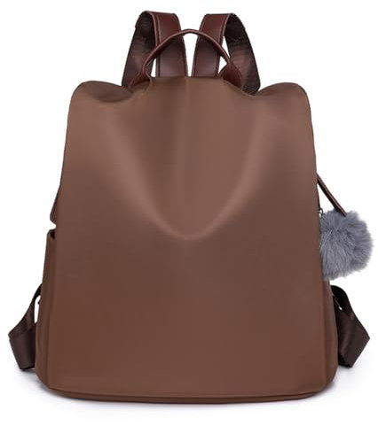 Dokeno Rucksack Damen Wasserdicht, Nylon Reiserucksack, Anti Diebstahl Damen Rucksackhandtaschen, Wasserdichter Diebstahl-Rucksack mit Bommel, Cityrucksack damen für Uni, Travel, Arbeit (Braun)