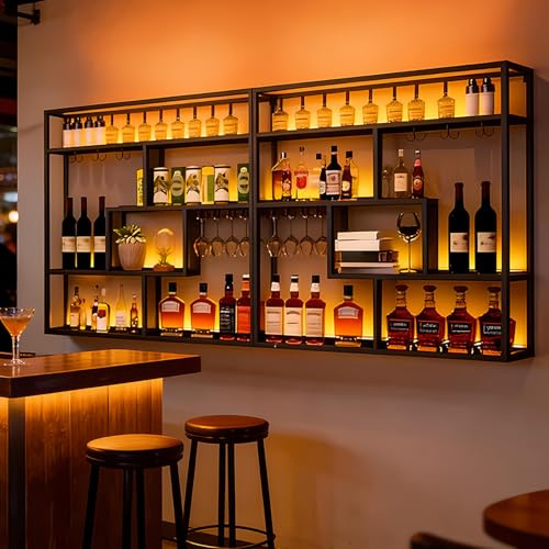 SPTZQURY Portabottiglie da Parete, 4 Livelli Grande Portabottiglie in Metallo da Parete con Supporto in vetro,Multifunzione Industriale Espositore di vino a parete (nero, 4 livelli, 240cm)