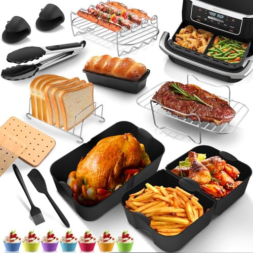 20 Stück Heißluftfritteusen Zubehör für Ninja AF500EU & Cosori 10L, Airfryer Zubehör Set mit Edelstahl Grillrost und 1 x 10,4L & 2 x 5,2L Airfryer Silikon Einsatz, Hitzebeständig, Leicht zu Reinigen