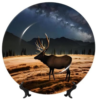 PHAYAH Bone China Decorative Plates With Stand Elk In The Meadow Pattern Round Display Plate For Kitchen Dining Room Wine Cabinet Home Decor 8in