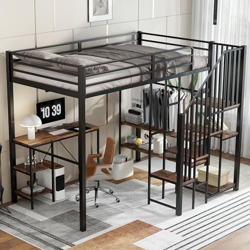 EINHOM Kinderbett 120x200 cm, Etagenbett mit Tisch und Ablageregal, Eisenbett Offenem Kleiderschrank, Eckleiterschrank mit Stauraum, Eisen+MDF, Schwarz+Vintage-Holzfarbe, Ohne Matratze