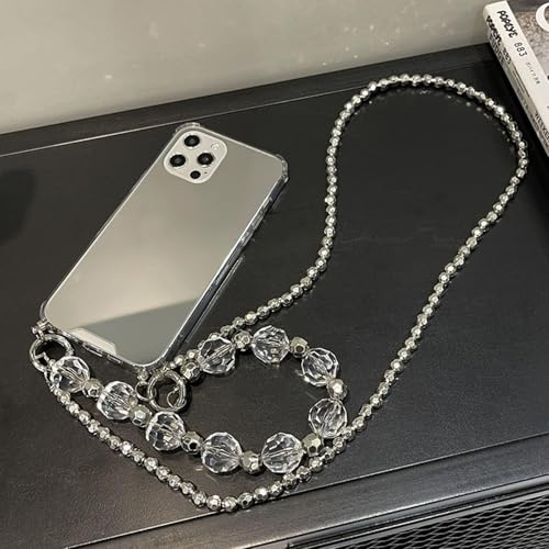 Galful Handykette für iPhone 17 Pro Max Spiegel Hülle mit Perlen Band Silikon Handyhülle mit Zwei Abnehmbaren Glitzer Pearl Handschlaufe Schutzhülle mit Schnur Umhängeband Stoßfest TPU Cover-Silber 2