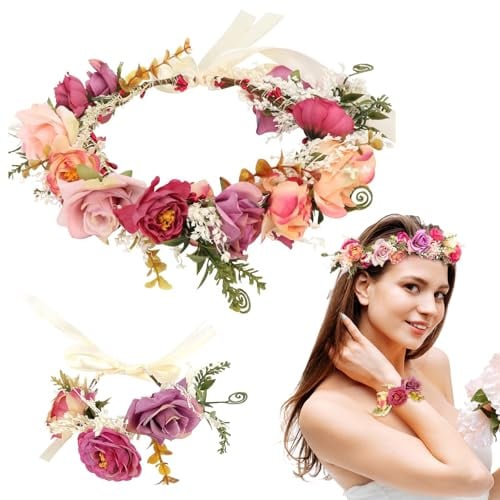 VZXQX Couronne Fleurs Cheveux Femme Mariage, Rose Bijoux Cheveux Mariage de Mariée avec Bracelet Fleurs, Réglable Accessoires Cheveux Bohème Diadème pour Anniversaires, Festival, Fête, Plage, Hawaii
