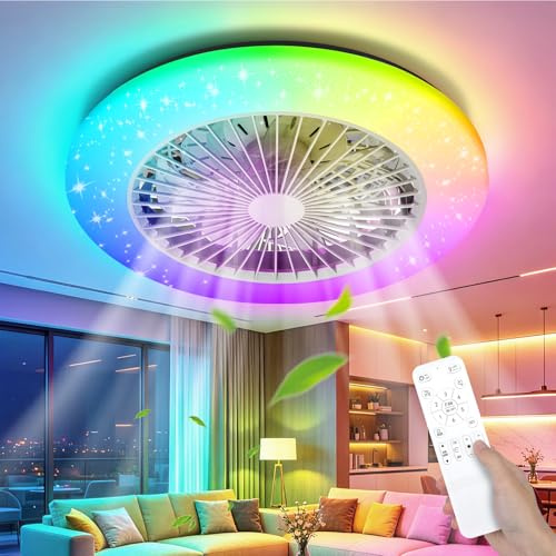 Aigostar 18.7 Ceiling Fan with Light and Remote Control, 40W 4800LM Dimmable CCT RGB LED Ceiling Fan Light for Bedroom, Quiet DC Motor Flush Mount Fandelier, 6 Speeds
