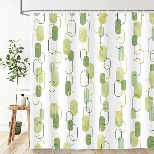 HNBFKD Geometrischer grüner Duschvorhang, Duschvorhang im Landhausstil, Badezimmer-Duschvorhang mit Kunstdruck, moderner Badezimmer-Dekorstoff mit Haken 160x183cm/(WxH)