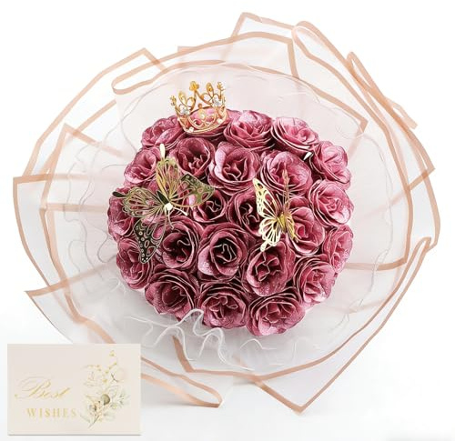 DRAKEWOOD Bouquet de Roses éternelle Pailletée avec 24 pièces Rose Artificielle rose Pale Papillon Couronne et Carte de Vœux- Fleur Artificielle Scintillante pour Saint Valentin Mariage Fête des Mères